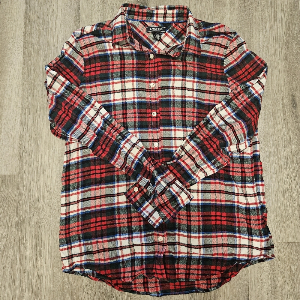 Lands End Womens Red Tartan Plaid Flannel Button Shirt Cotton Size 10